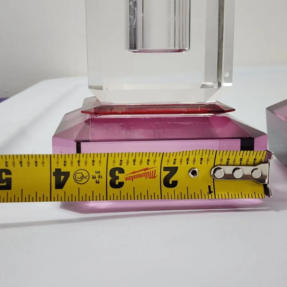 Anthropologie Crystal Cut Glass Vase Clear Pink 2Pc Set Stacked Footed Square
